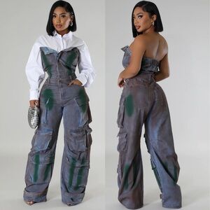 Printed Denim Cargo Jumpsuit